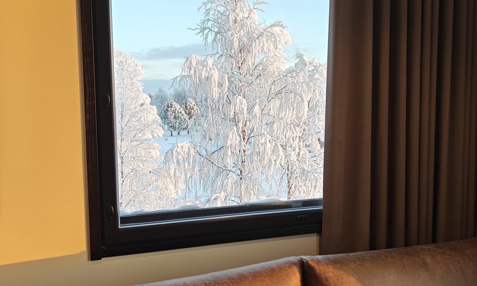 Winter landscape from a window in Suvanto Superior Jauri Resort